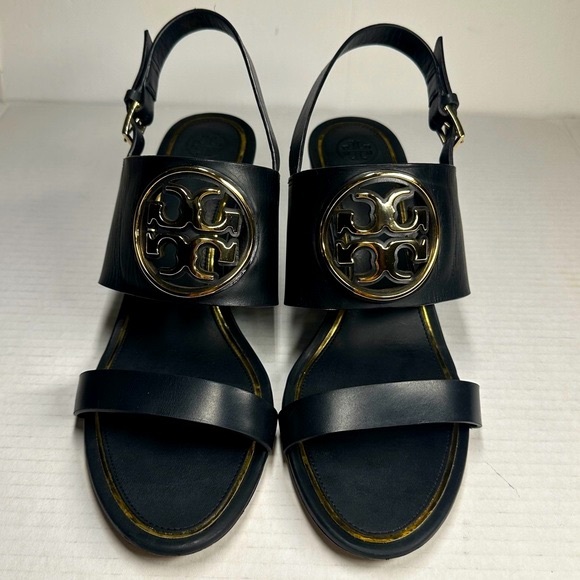 TORY BURCH | Metal Miller 65mm Wedge Perfect Black Gold Size 11 Heel Sandal Mule - Picture 2 of 14